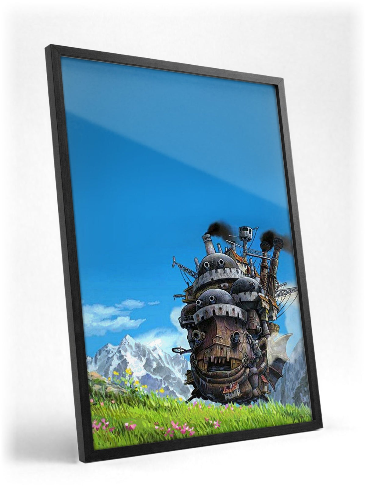 Howl's Moving Castle Triptych Panel Art poster in a black frame with glass leaning against a wall
