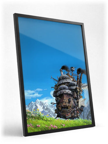 Howl's Moving Castle Triptych Panel Art poster in a black frame with glass leaning against a wall