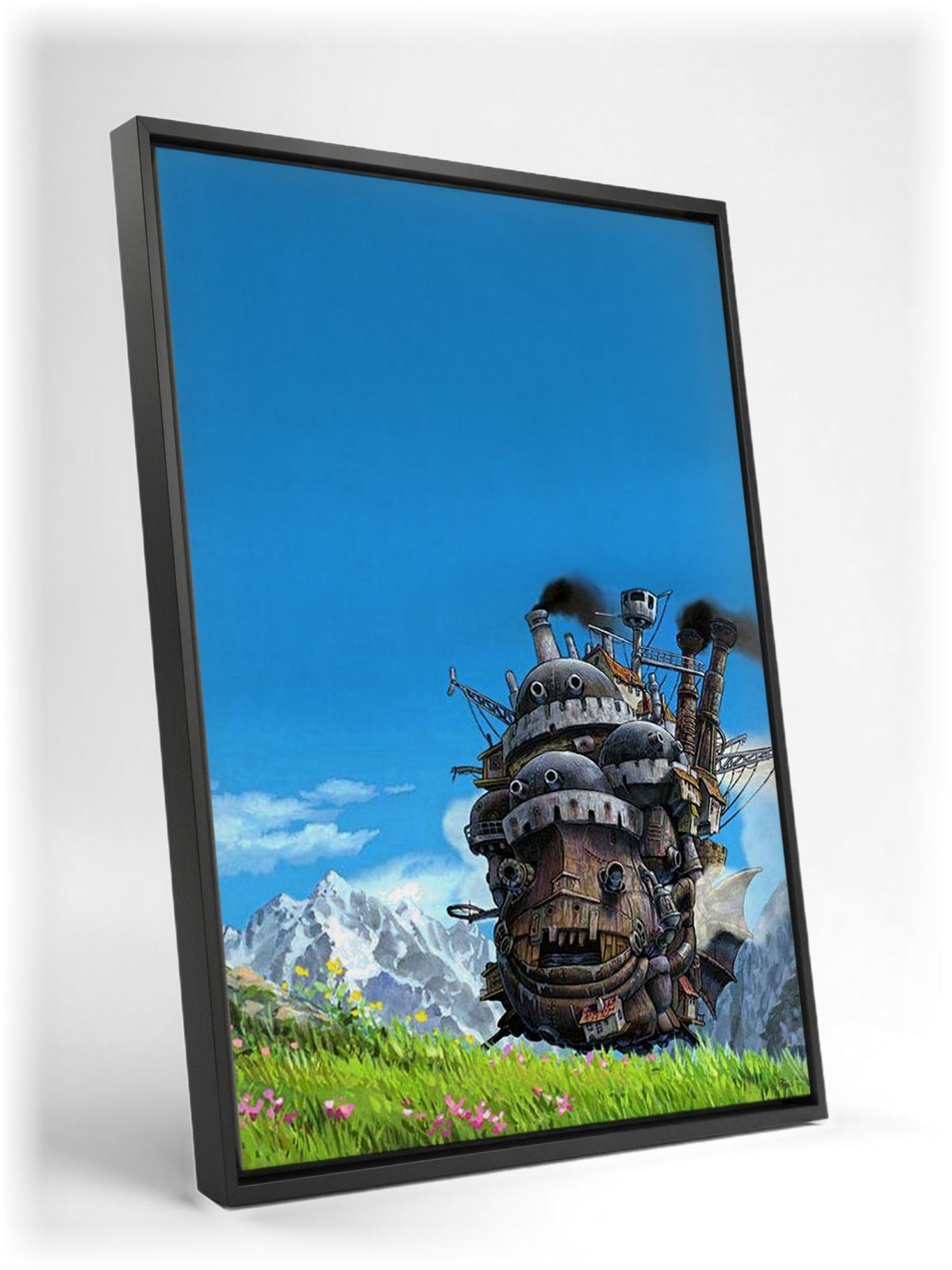 Howl's Moving Castle Triptych Panel Art as a black floater framed canvas leaning against a wall