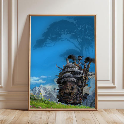 Howl's Moving Castle Triptych Panel Art poster in a light oak frame leaning against a white wall