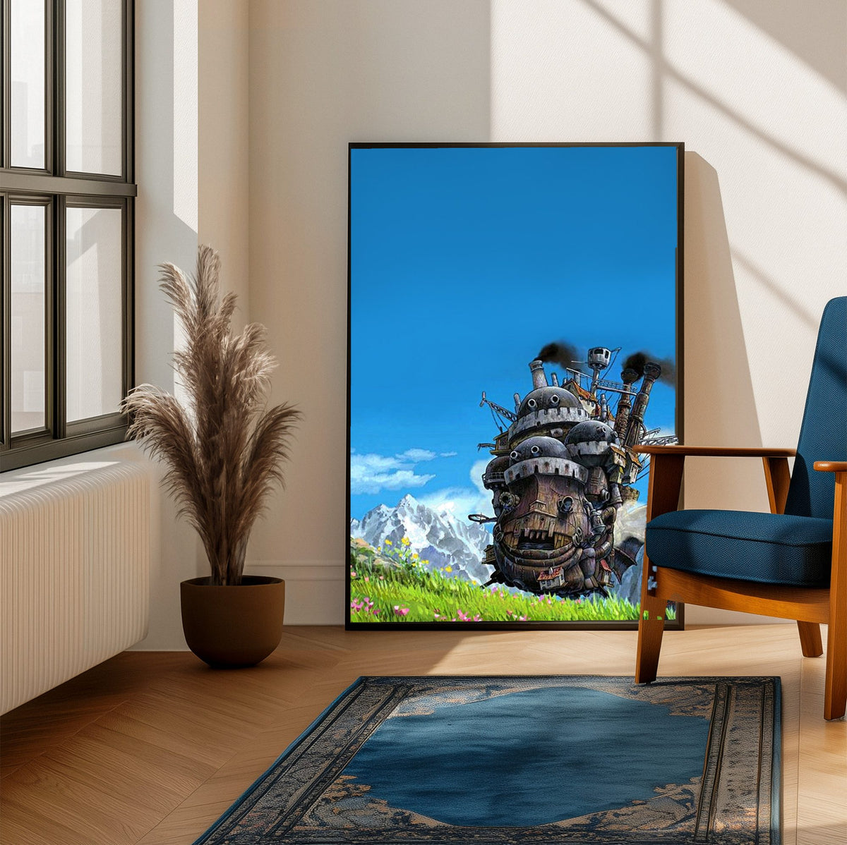 Howl's Moving Castle Triptych Panel Art poster framed beside a blue armchair in a sunlit room