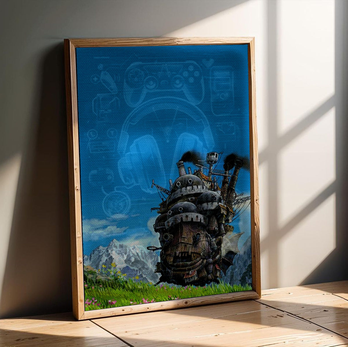 Howl's Moving Castle Triptych Panel Art poster in an oak frame leaning on a wooden floor