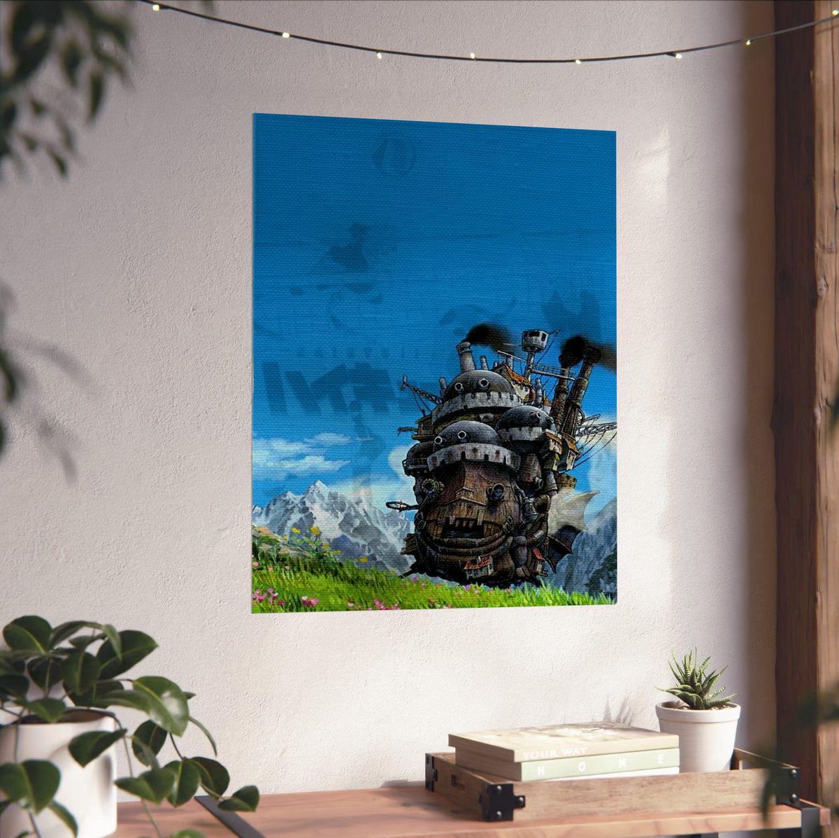 Howl's Moving Castle Triptych Panel Art poster unframed on a white wall above a desk