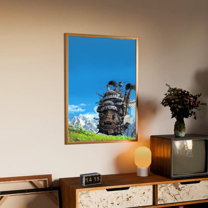 Howl's Moving Castle Triptych Panel Art poster in an oak frame above a sideboard