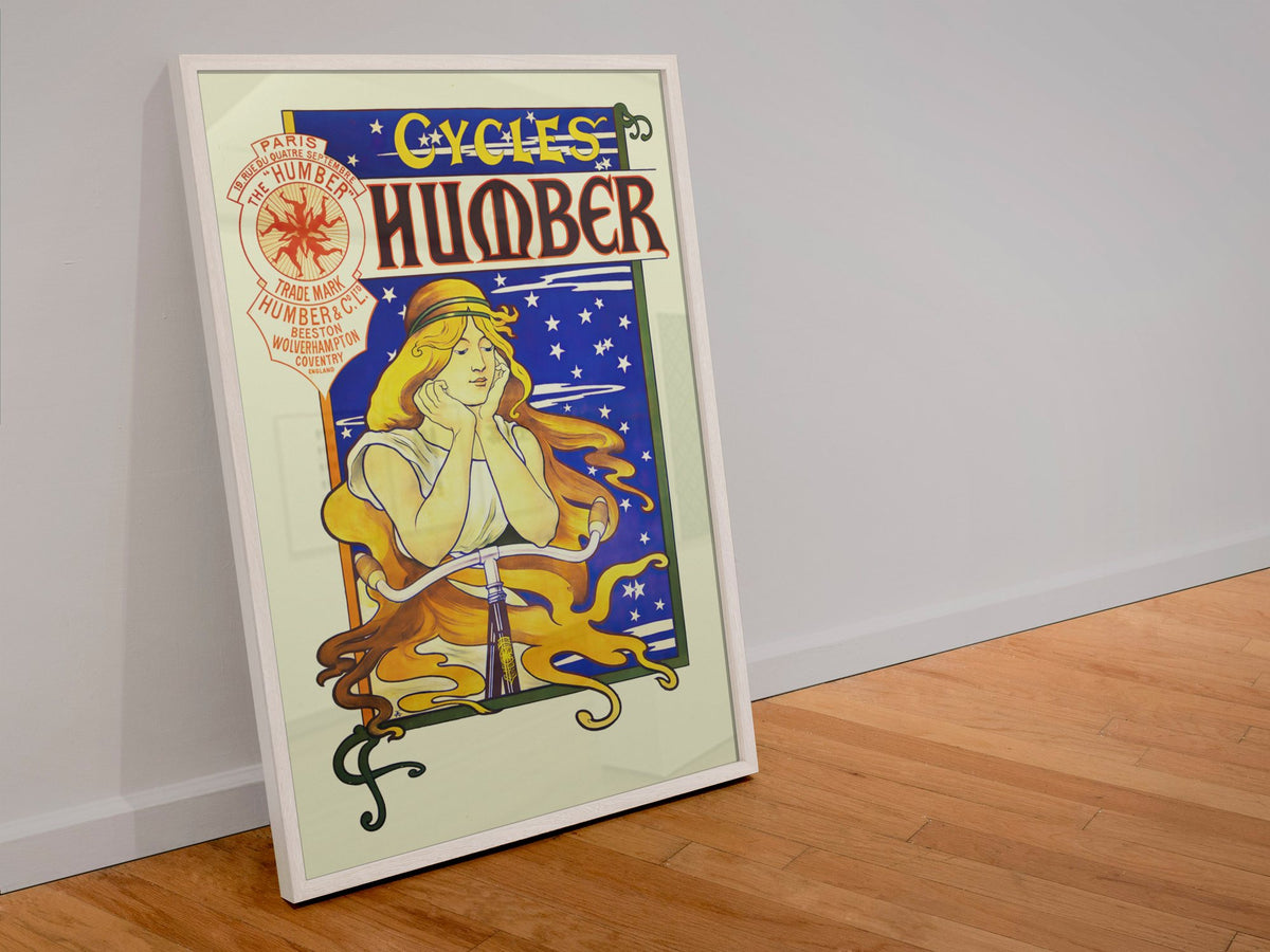 Humber Cycles poster in a white frame leaning against a wall