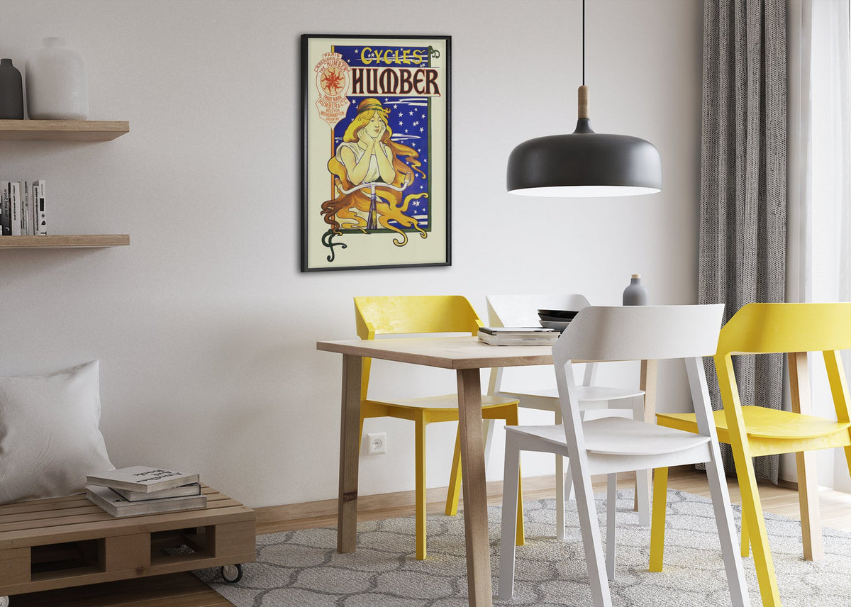 Humber Cycles poster framed above a dining table
