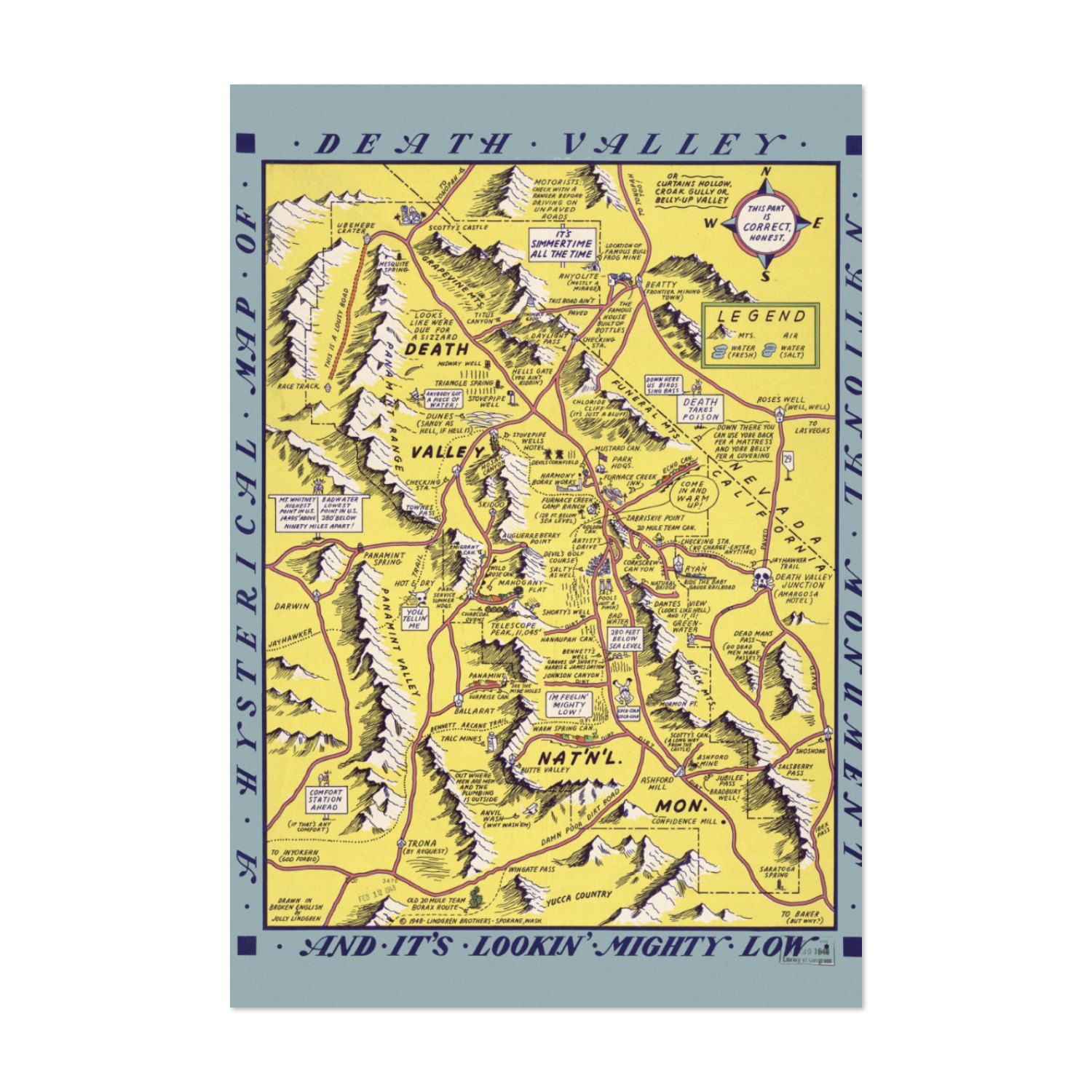 Hysterical Map of Death Valley 1940s vintage print