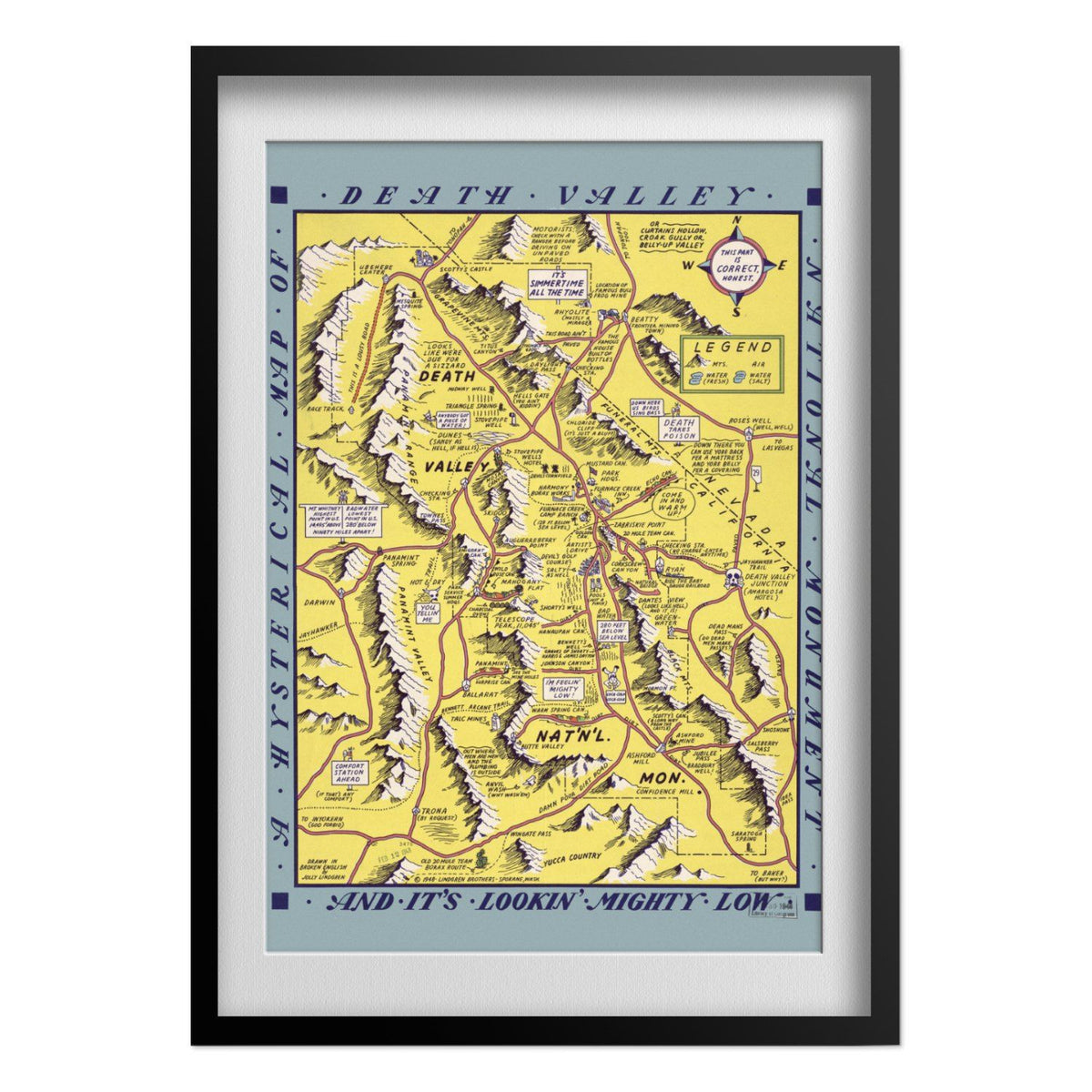 Hysterical Map of Death Valley 1940s print in a black frame with a white mat