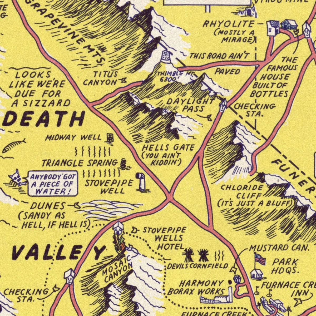 Close-up detail of the Hysterical Map of Death Valley 1940s