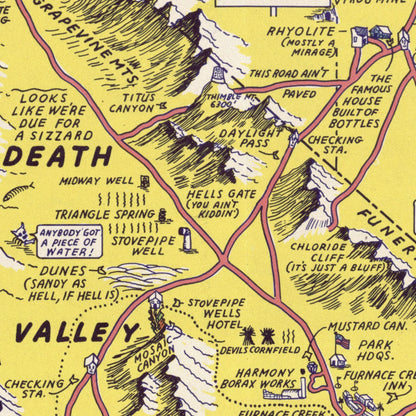 Close-up detail of the Hysterical Map of Death Valley 1940s