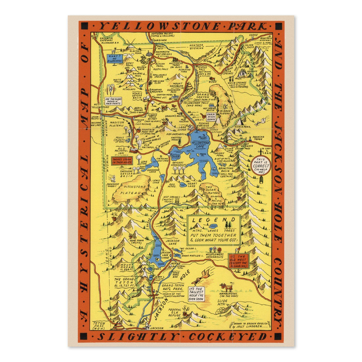 Hysterical Map of Yellowstone 1936 vintage print