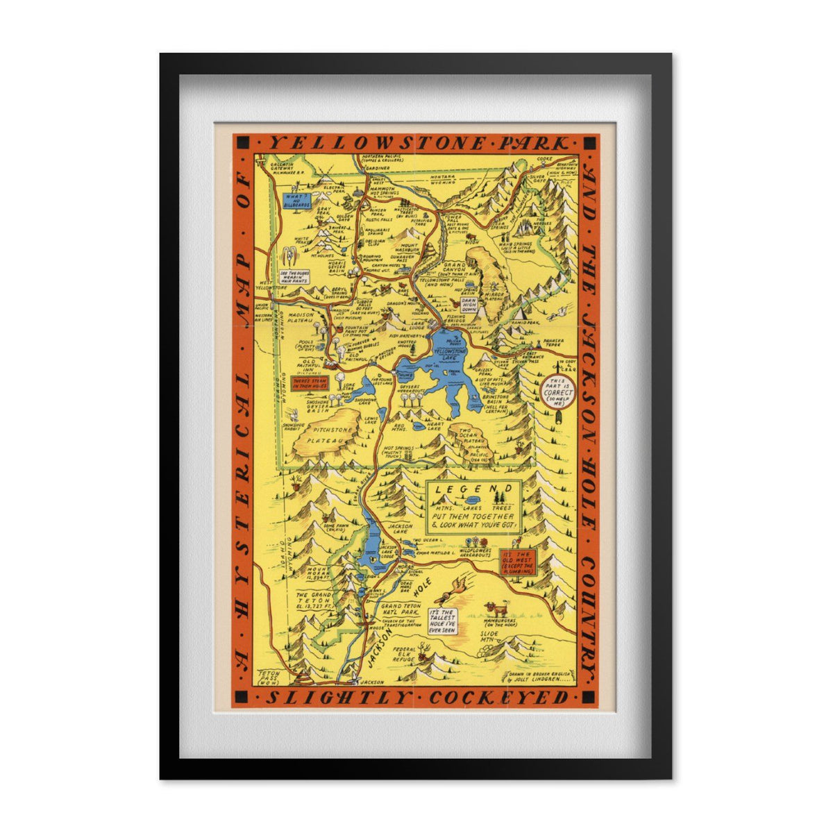 Hysterical Map of Yellowstone 1936 print in a black frame with a white mat