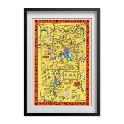 Hysterical Map of Yellowstone 1936 print in a black frame with a white mat