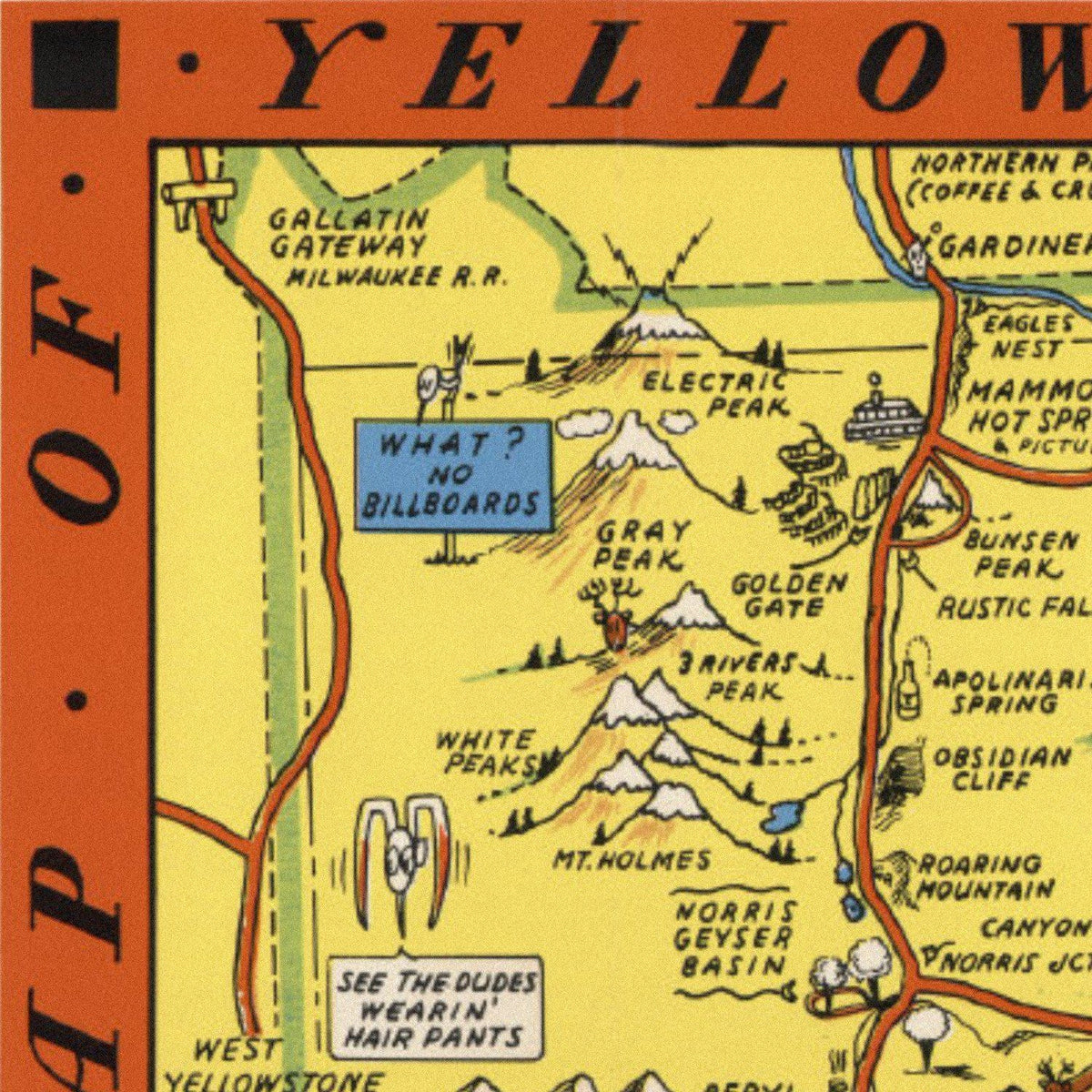 Close-up detail of the Hysterical Map of Yellowstone 1936