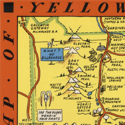 Close-up detail of the Hysterical Map of Yellowstone 1936