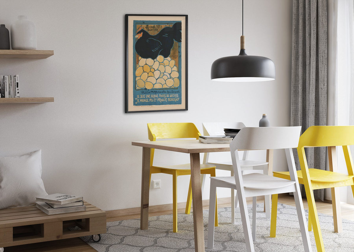 I Am a Good War Hen poster framed above a dining table