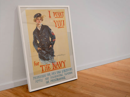 I Want You for the Navy Christy poster in a white frame leaning against a wall