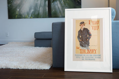 I Want You for the Navy Christy poster leaning beside a blue sofa