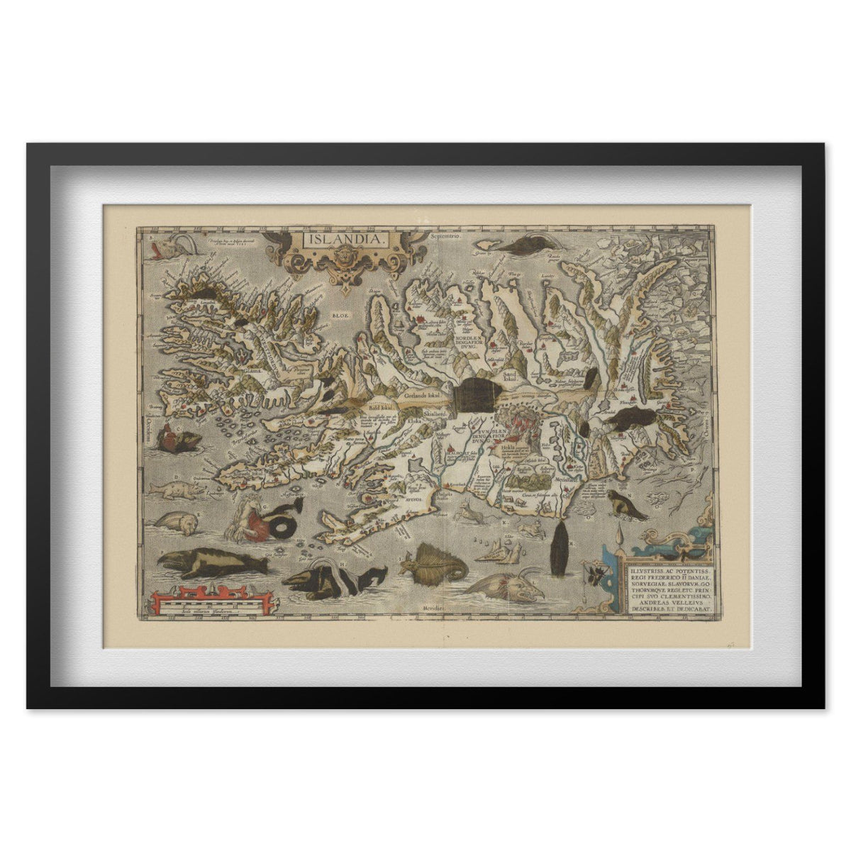 Iceland 1590 Map print in a black frame with a white mat