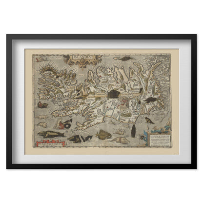 Iceland 1590 Map print in a black frame with a white mat