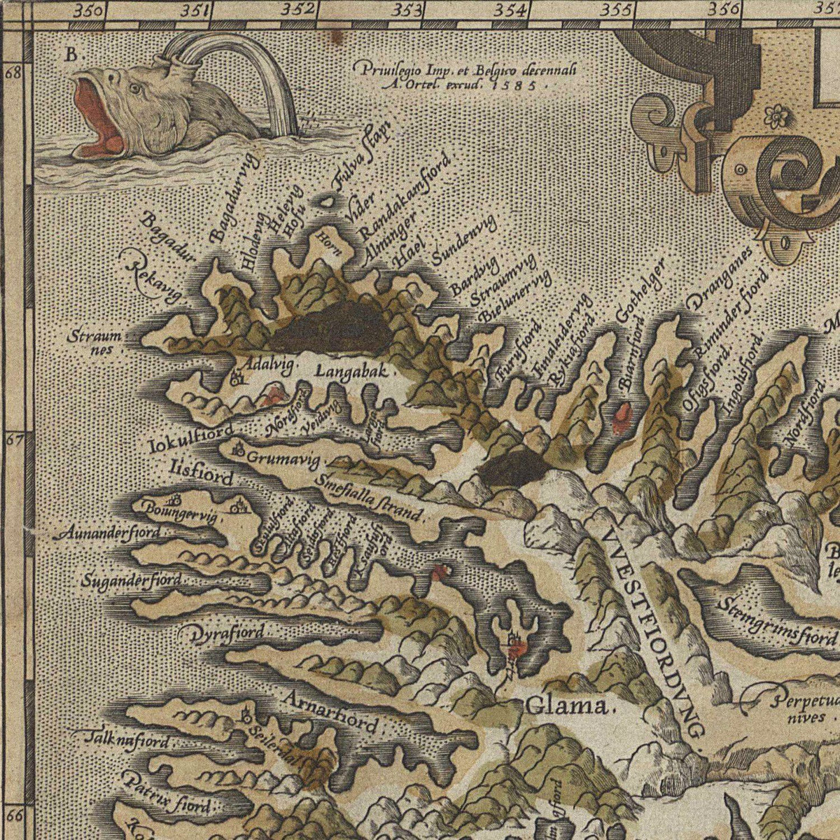 Close-up detail of the Iceland 1590 Map
