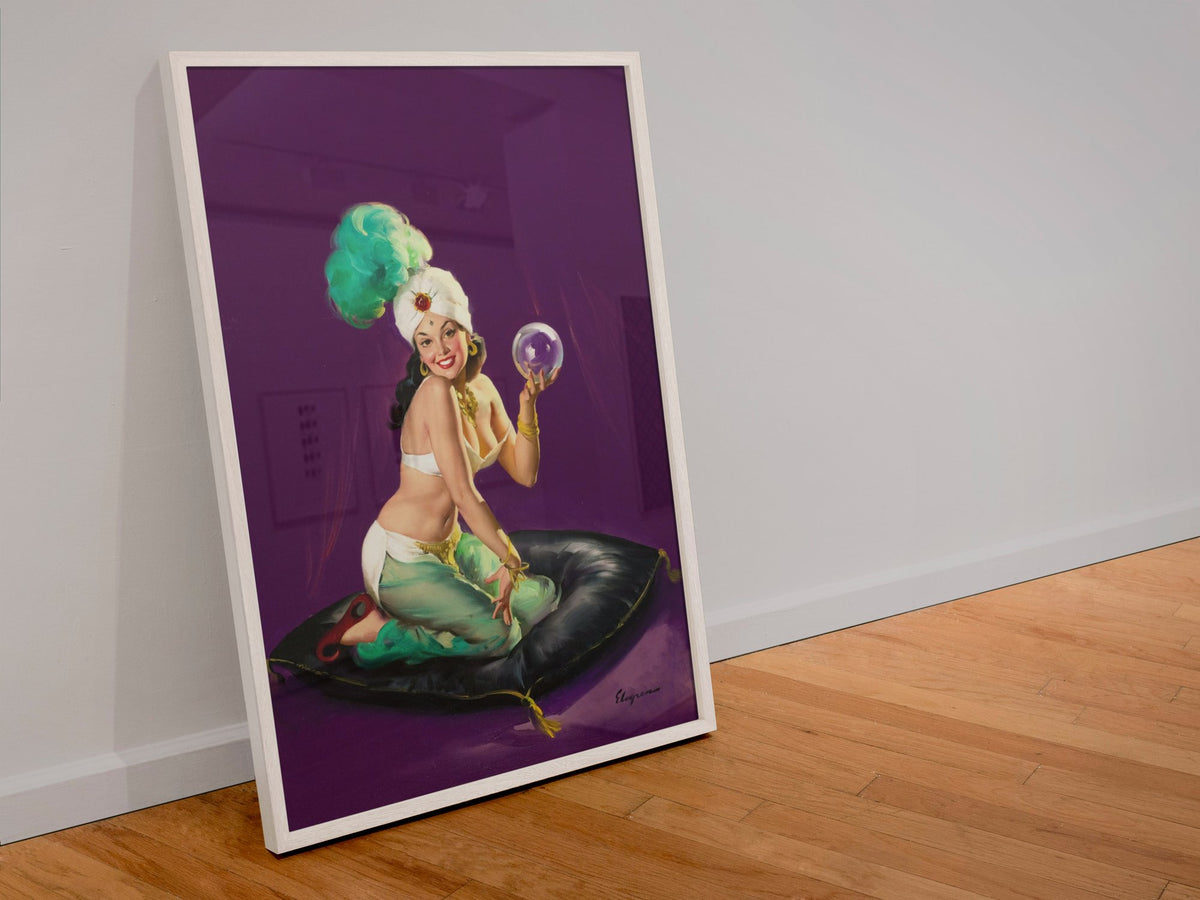I'm a Happy Medium by Gil Elvgren, pin-up poster — leaning frame