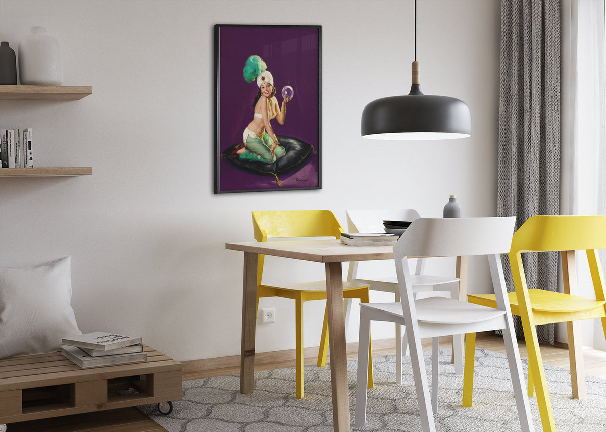 I'm a Happy Medium by Gil Elvgren, pin-up poster — dining room