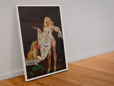 I'm Just Trying It for Sighs by Gil Elvgren, pin-up poster — leaning frame