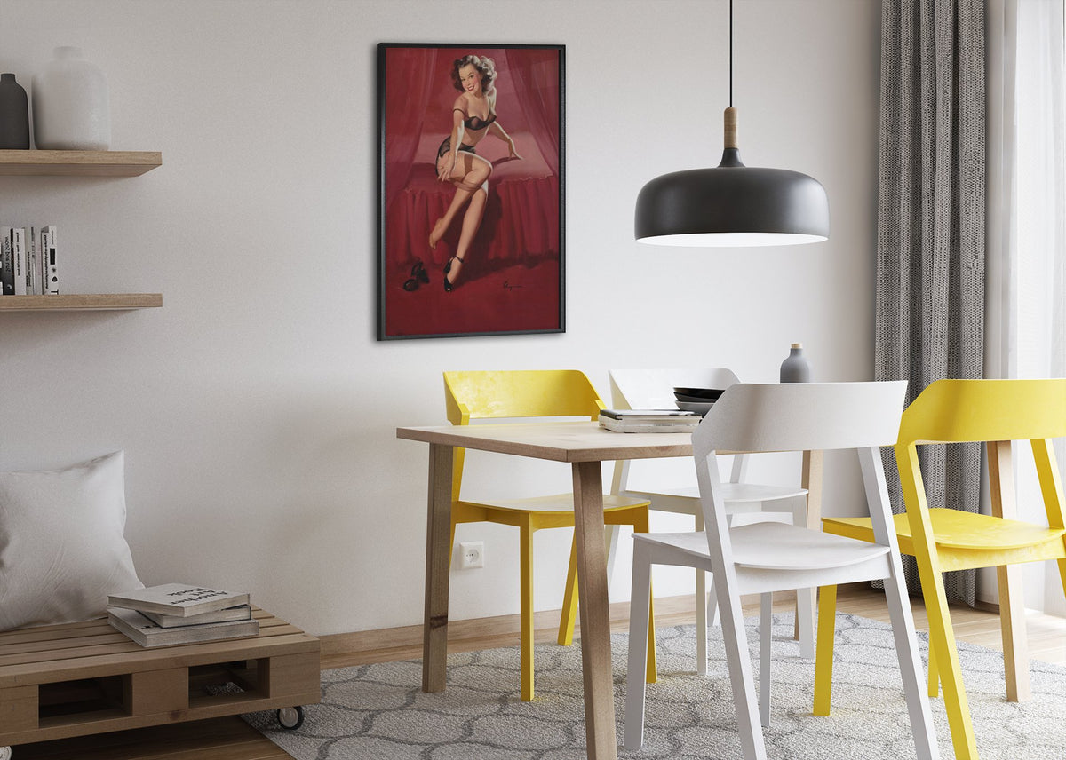 I'm Not Shy by Gil Elvgren, pin-up poster — dining room