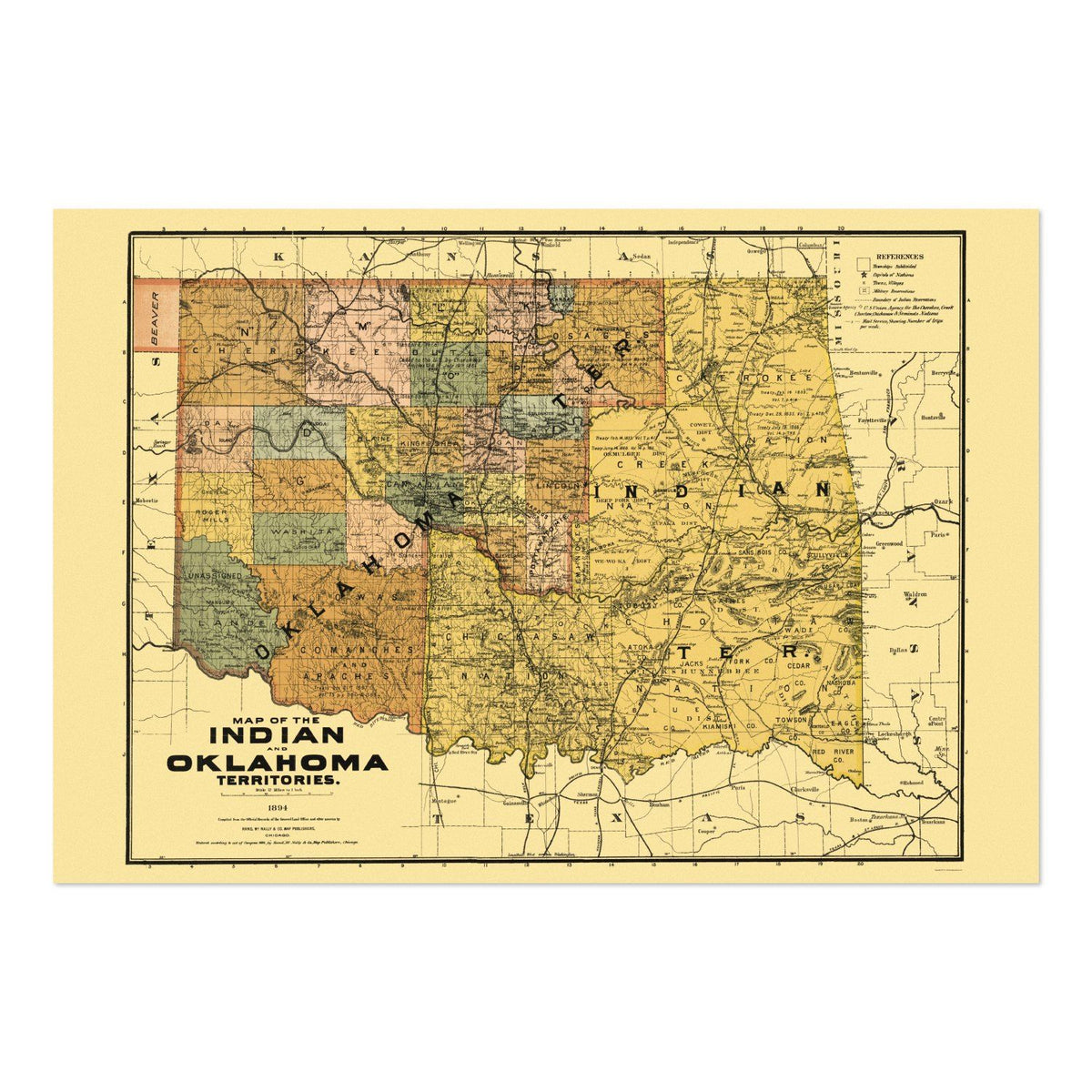 Indian & Oklahoma Territories 1890s Map vintage print