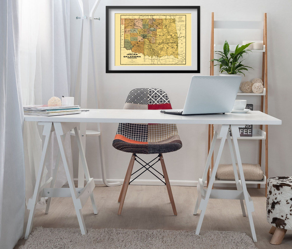 Indian & Oklahoma Territories 1890s Map print framed above a white desk in a home office