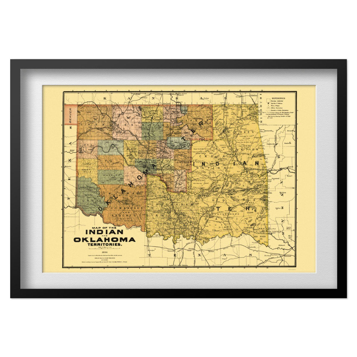 Indian & Oklahoma Territories 1890s Map print in a black frame with a white mat