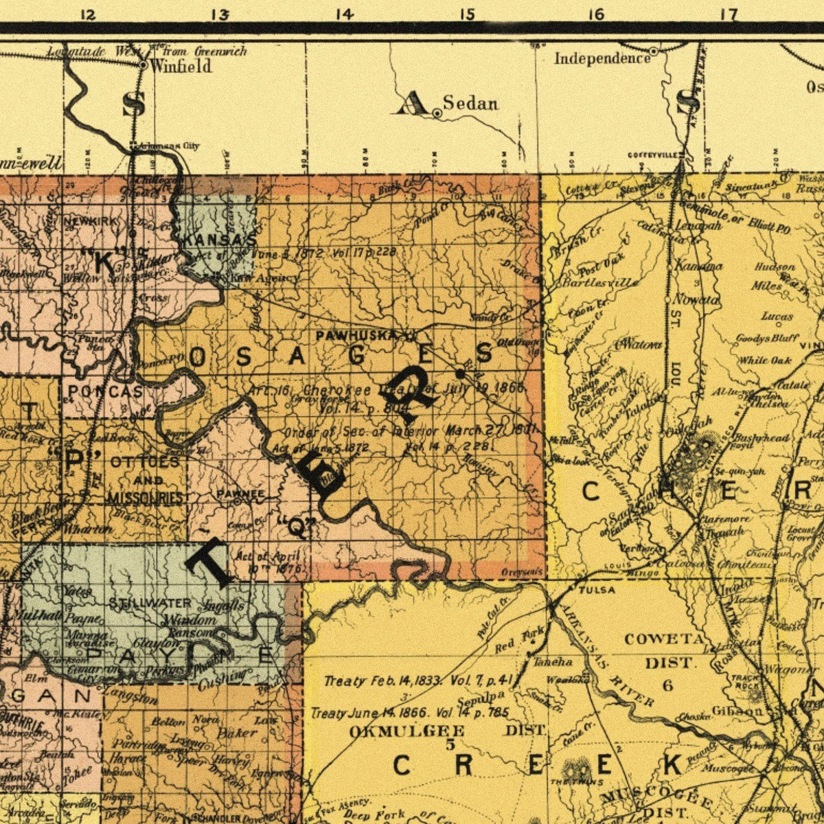 Close-up detail of the Indian & Oklahoma Territories 1890s Map
