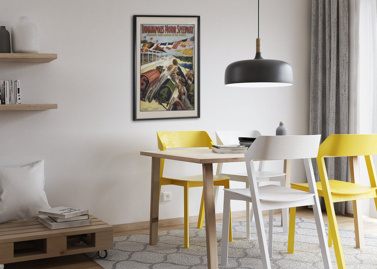 Indianapolis Motor Speedway poster framed above a dining table