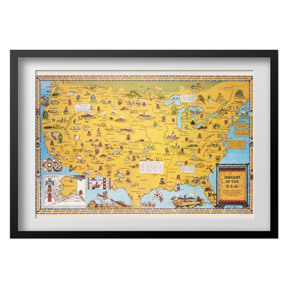 Indians of the USA Map print in a black frame with a white mat