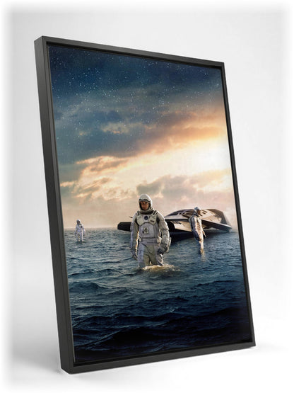 Interstellar (2014) Movie Water Planet Art as a black floater framed canvas leaning against a wall