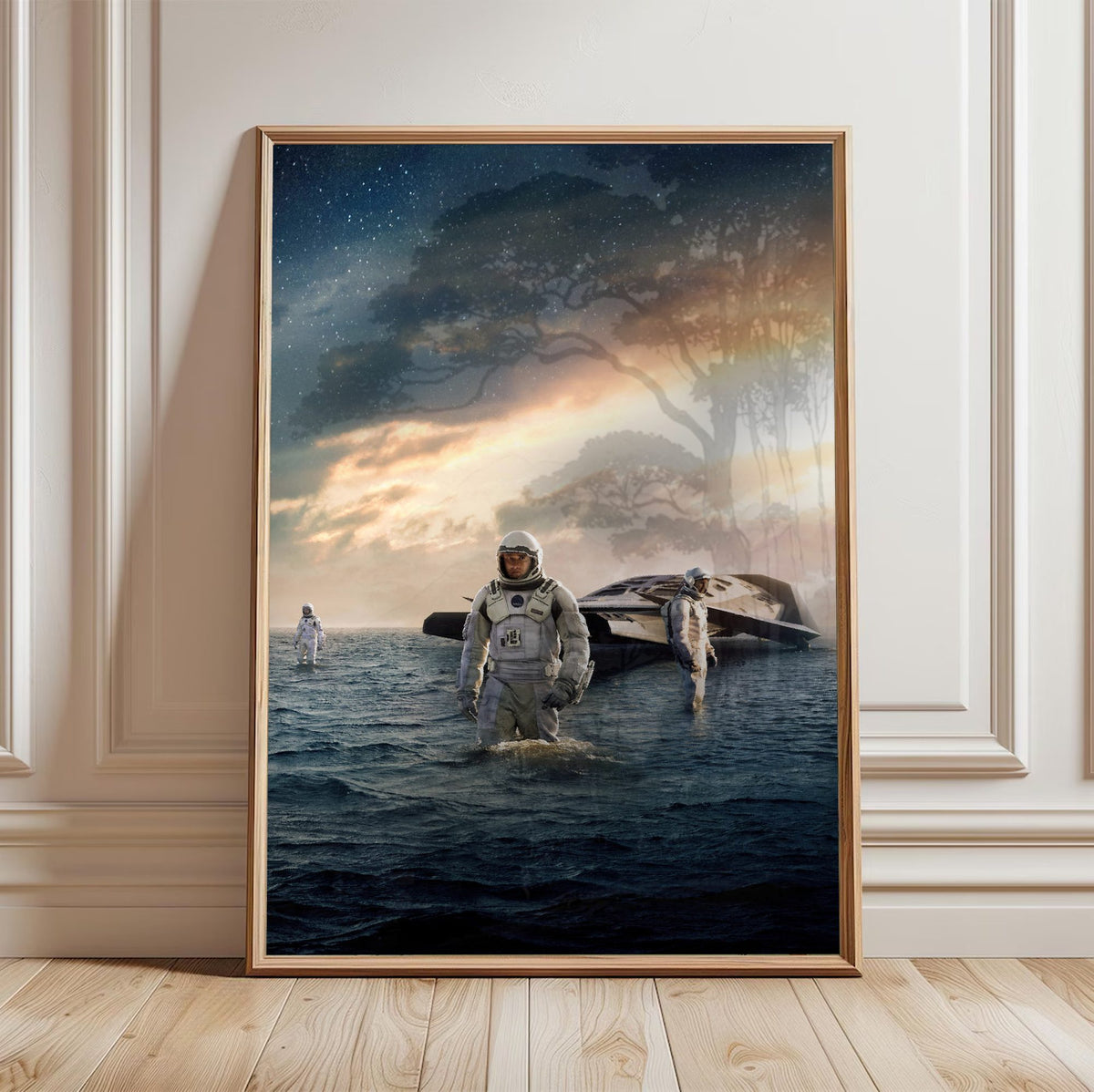 Interstellar (2014) Movie Water Planet Art poster in a light oak frame leaning against a white wall