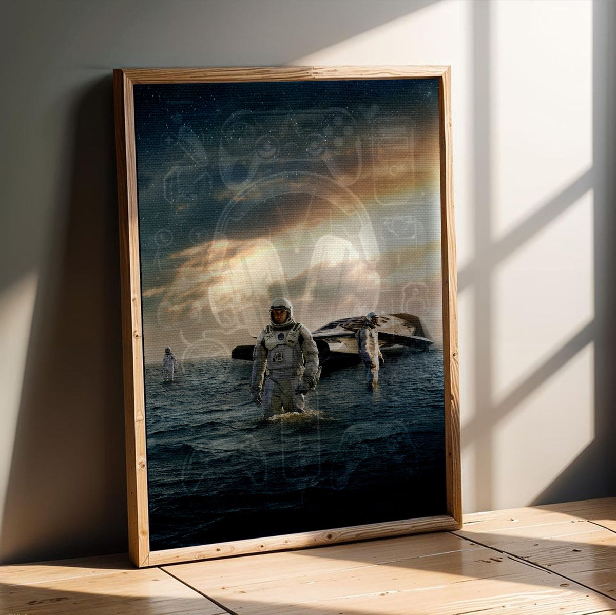 Interstellar (2014) Movie Water Planet Art poster in an oak frame leaning on a wooden floor