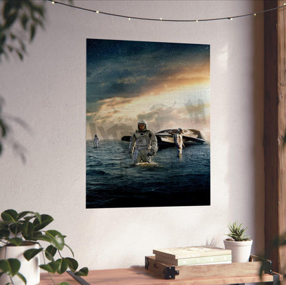 Interstellar (2014) Movie Water Planet Art poster unframed on a white wall above a desk