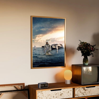 Interstellar (2014) Movie Water Planet Art poster in an oak frame above a sideboard