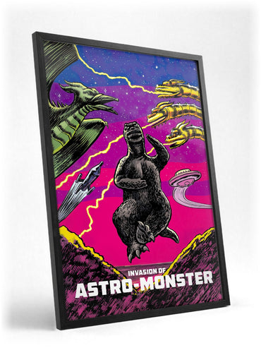 Invasion of Astro-Monster (1965) Movie Illustrated Art poster in a black frame with glass leaning against a wall