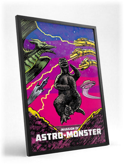 Invasion of Astro-Monster (1965) Movie Illustrated Art poster in a black frame with glass leaning against a wall