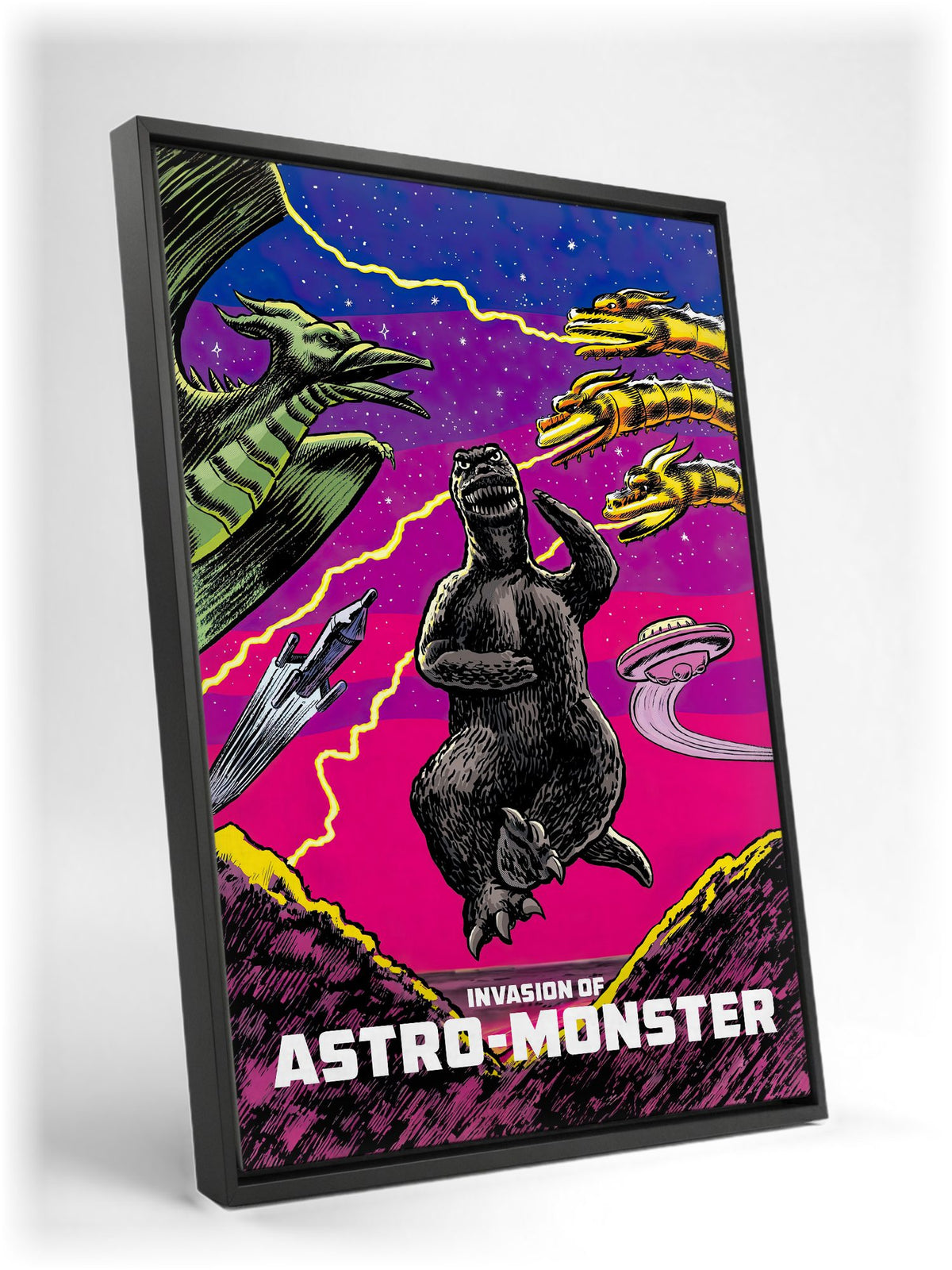 Invasion of Astro-Monster (1965) Movie Illustrated Art as a black floater framed canvas leaning against a wall