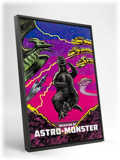 Invasion of Astro-Monster (1965) Movie Illustrated Art as a black floater framed canvas leaning against a wall