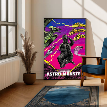 Invasion of Astro-Monster (1965) Movie Illustrated Art poster framed beside a blue armchair in a sunlit room