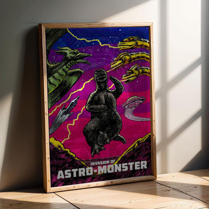 Invasion of Astro-Monster (1965) Movie Illustrated Art poster in an oak frame leaning on a wooden floor