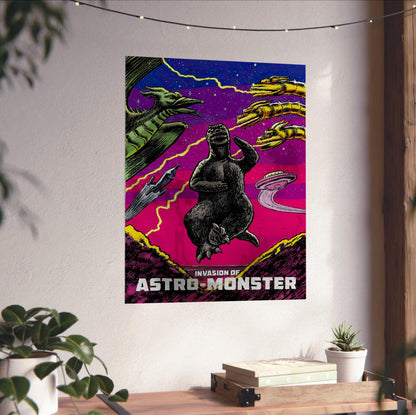 Invasion of Astro-Monster (1965) Movie Illustrated Art poster unframed on a white wall above a desk