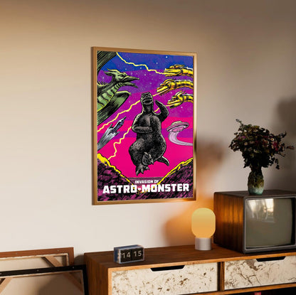 Invasion of Astro-Monster (1965) Movie Illustrated Art poster in an oak frame above a sideboard