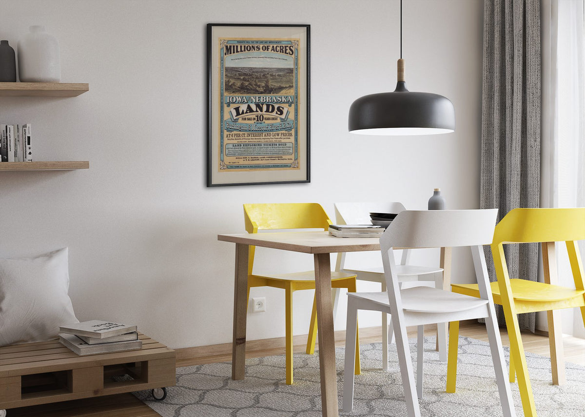 Iowa and Nebraska Lands for Sale poster framed above a dining table