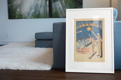 Iradia Radioactive Underwear poster leaning beside a blue sofa